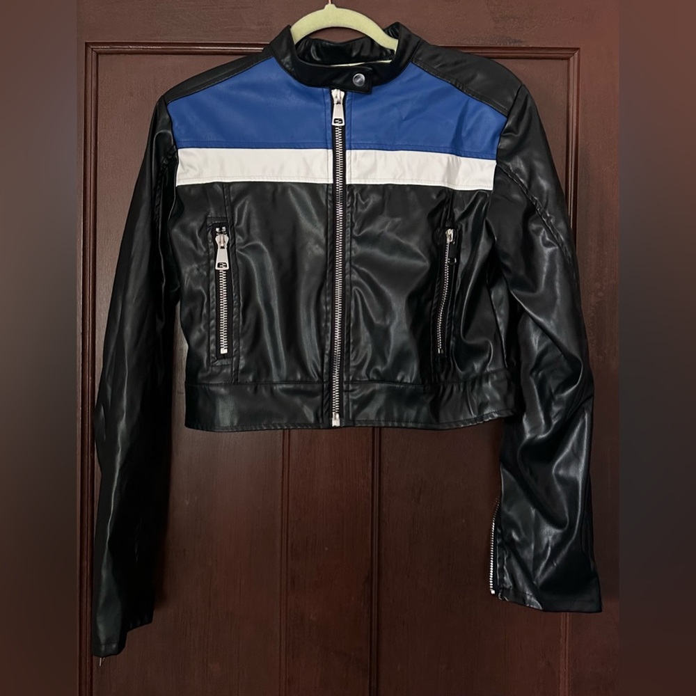 Women's Black and Blue Leather Jacket